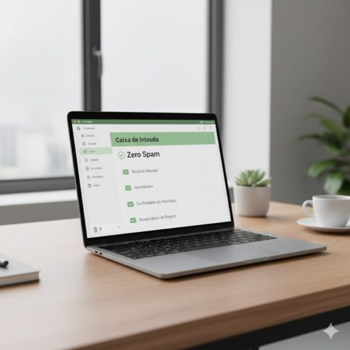 Laptop exibindo uma caixa de entrada de email limpa e organizada com a mensagem "Zero Spam" e emails legítimos, transmitindo produtividade e tranquilidade.